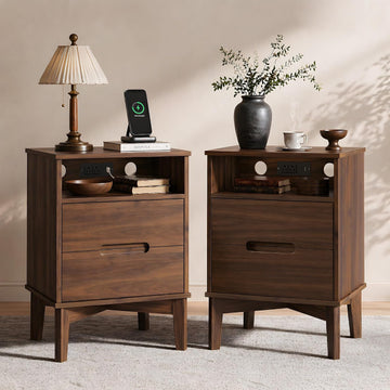 26-Inch Tall Mid Century Modern Set of 2 Nightstands, Dark Walnut | Dual charging stations, 2 drawers per table