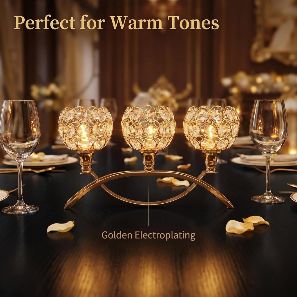 3-Arm Arched Crystal Candelabra, Gold Candle Holder Table Centerpiece, Dining, Party, Thanksgiving & Christmas