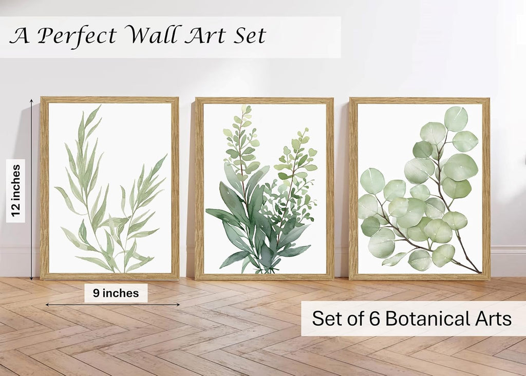 Framed Eucalyptus Sage Green Botanical Plant Wall Art Canvas Decor Set of 6, Leaves Prints Posters, Flower Wall Art