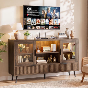 30", 32", 40", 45", 50" Inch Cracked Oak TV Stand with LED Lights and Power Outlet, Modern Entertainment Center with