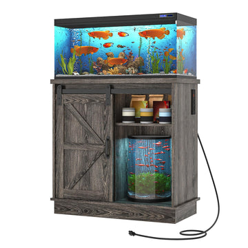 Farmhouse 20-29 Gallon Fish Tank Stand with Power Outlet, Aquarium Stand w/Cabinet&Sliding Barn Door, Heavy Duty