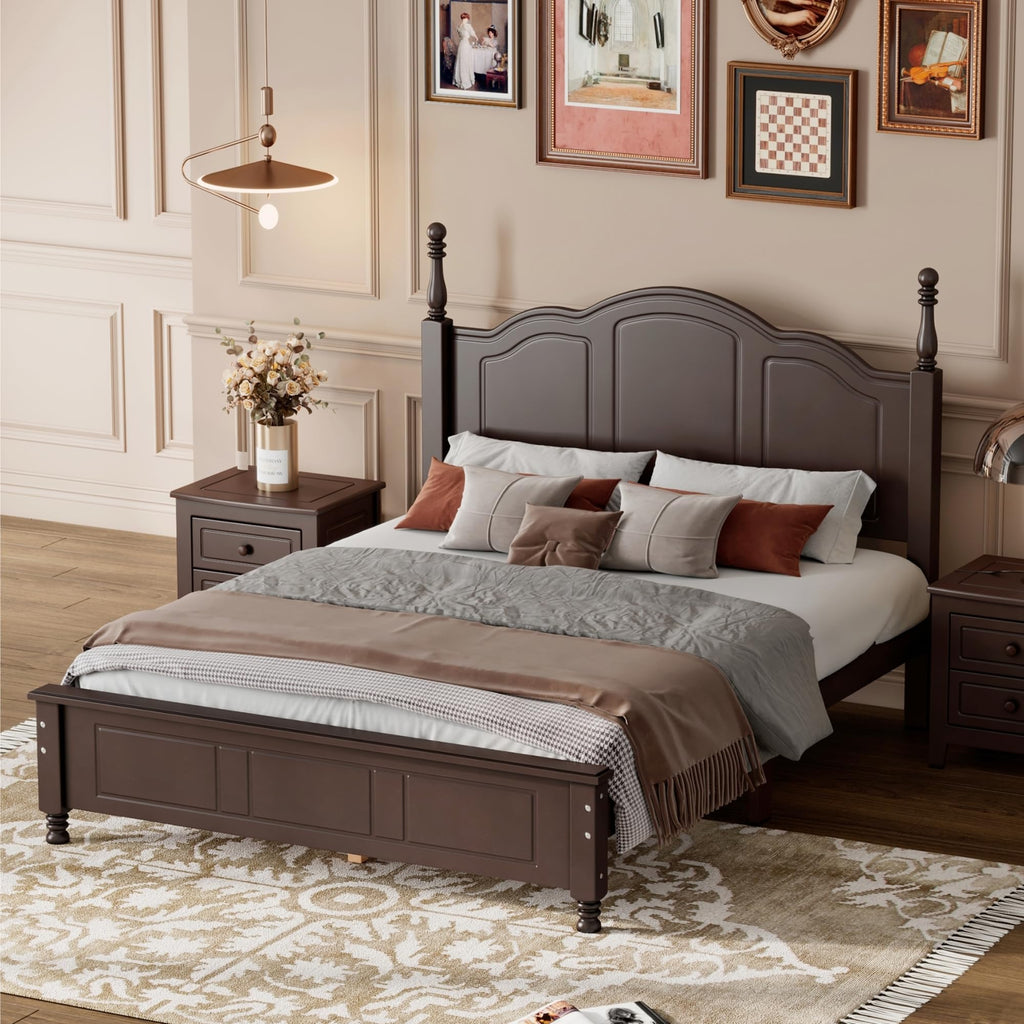 Dark Walnut Wood Bed Frame Full Size with Wave Shaped Headboard