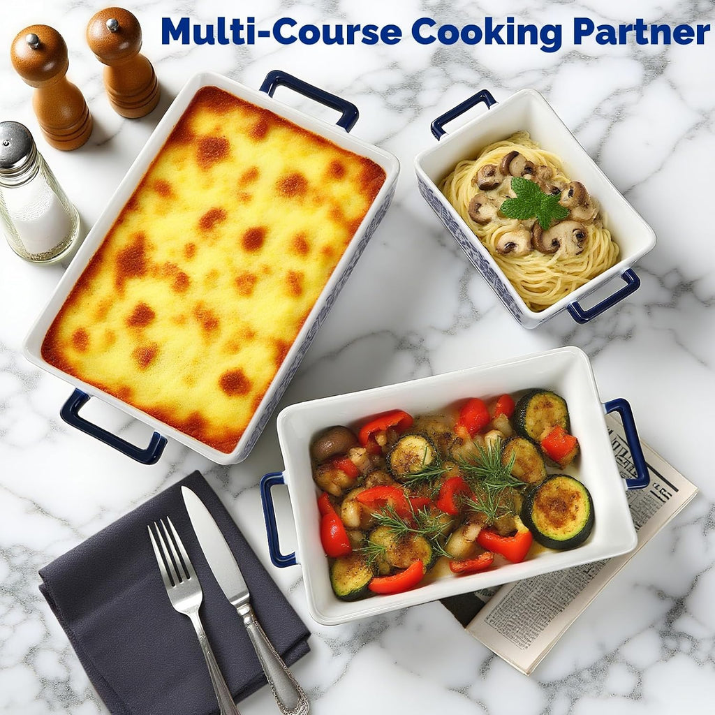 3 Pack Rectangular Ceramic Dish Set for Oven, Hand-Painted Floral Design Non-Stick and Stackable Casserole Dish with