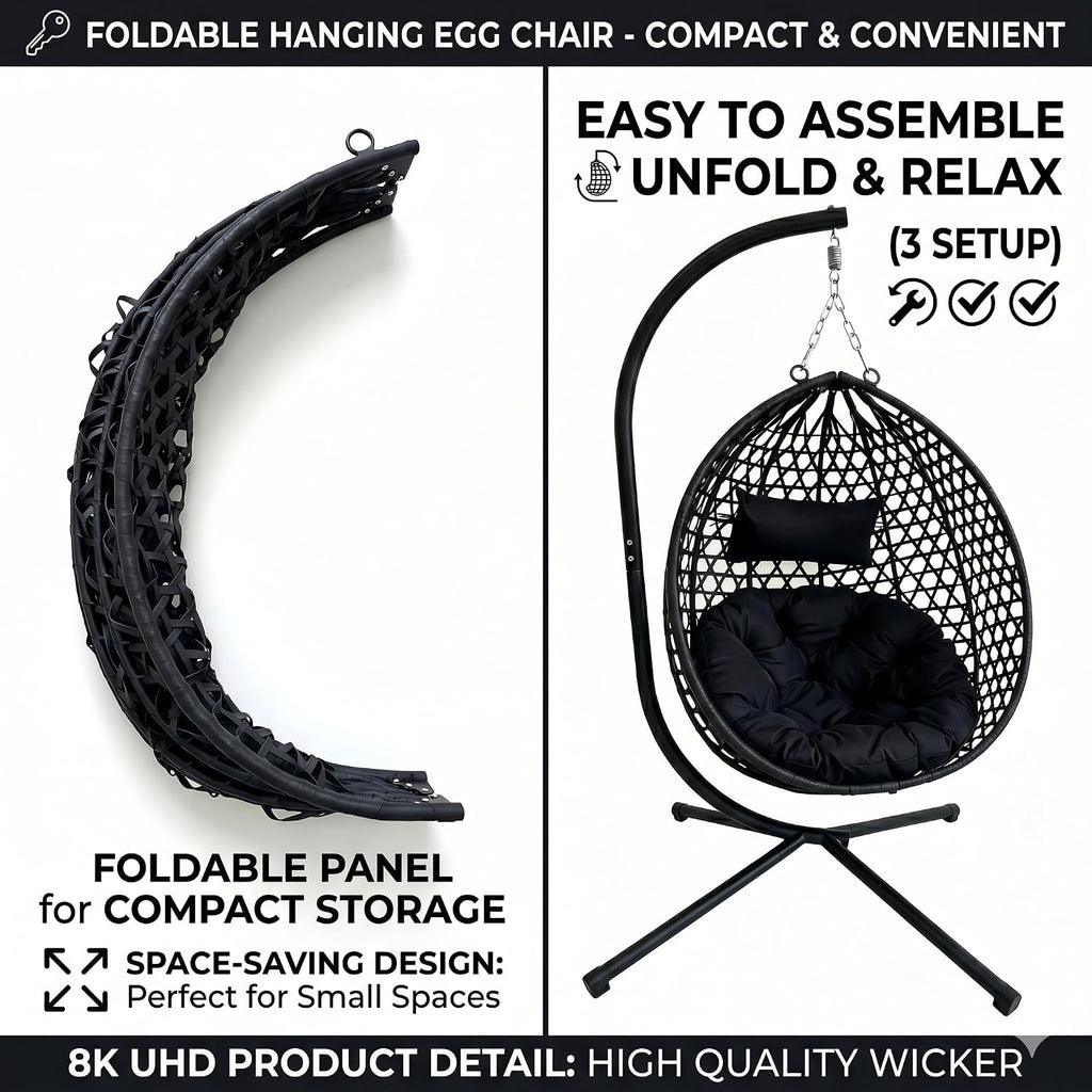 Foldable HDPE Rattan Hanging Egg Chair with Stand Aluminum Steel Frame Indoor Outdoor Swing Basket Hammock Seat