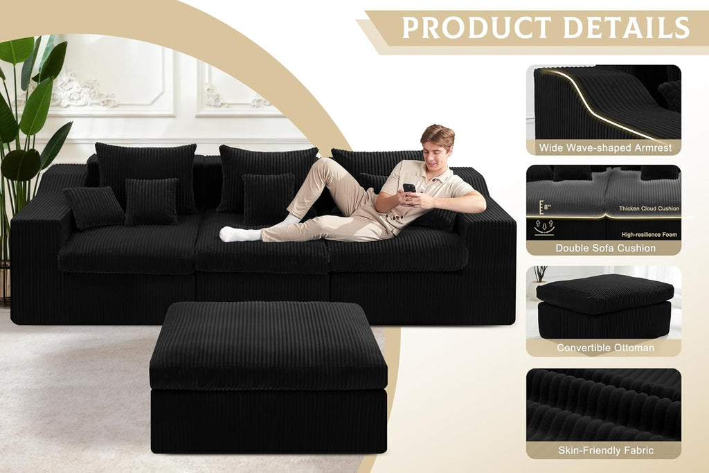 101" Modular Couch Sectionals with Ottoman, Big Comfy Cloud Couches, L Shaped 4 Seat Modular Sectional Sofa