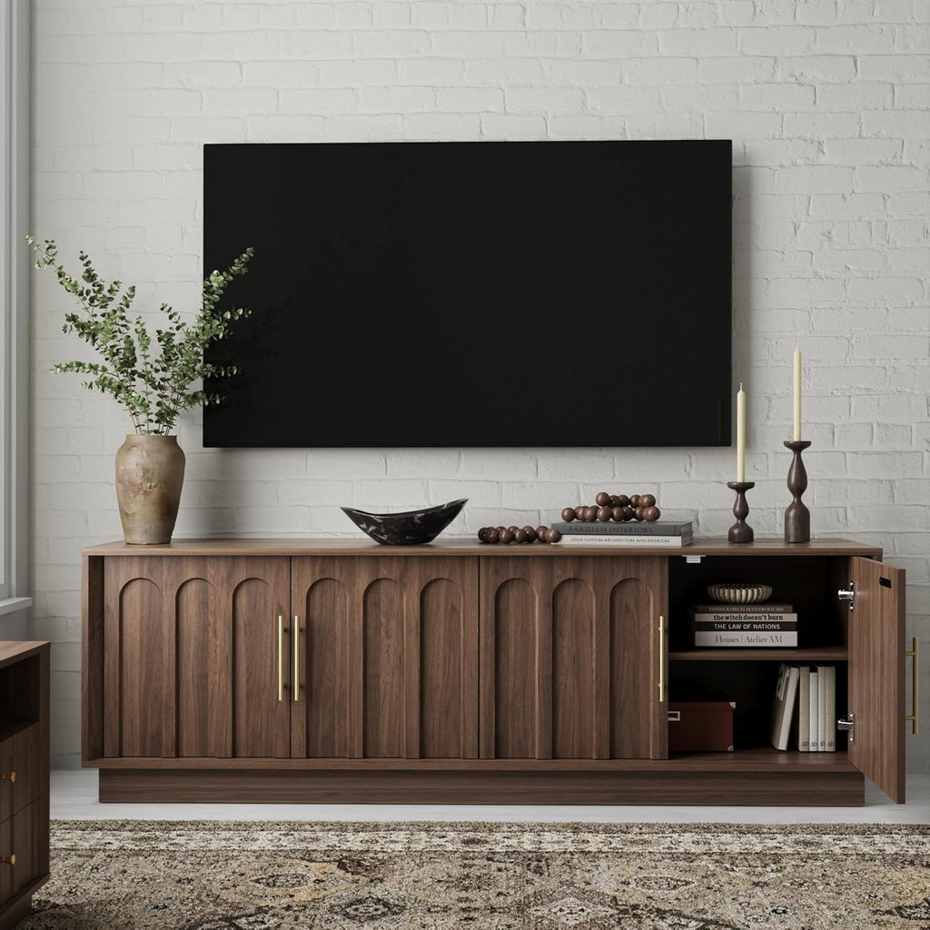 TV Stand for 75 Inch TV and Coffee Table Set of 2, Arched Design with Wood Grain Finish, Media Console with Adjustable Shelves, 67" Entertainment Center for Living Room Bedroom,Walnut