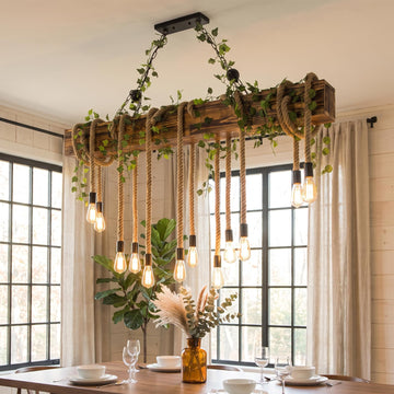 Rustic Wood Beam Chandelier, Industrial Hemp Rope Pendant with Faux Ivy Greenery, Farmhouse Linear Hanging