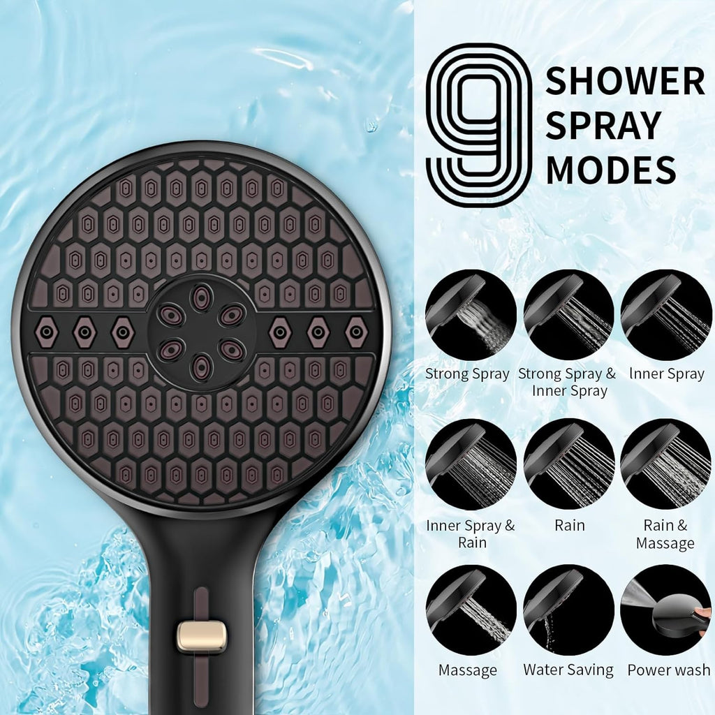 Black Handheld Shower Head, 9 Spray Modes High Pressure Shower head with Power Wash