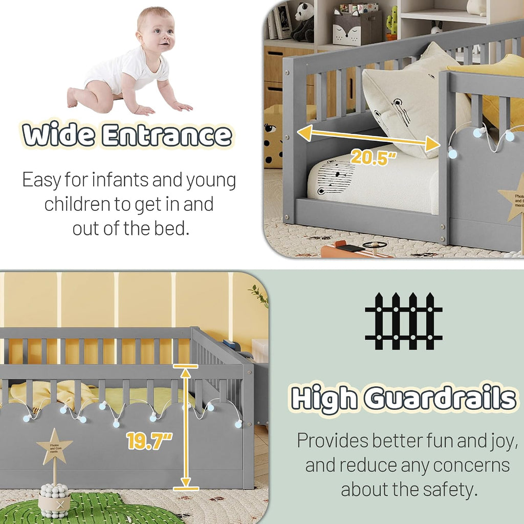 Montessori Floor Bed with High Rails,Full Size Floor Bed Frame for Kids, LED Lights & Storage Shelf, Safe & Wider