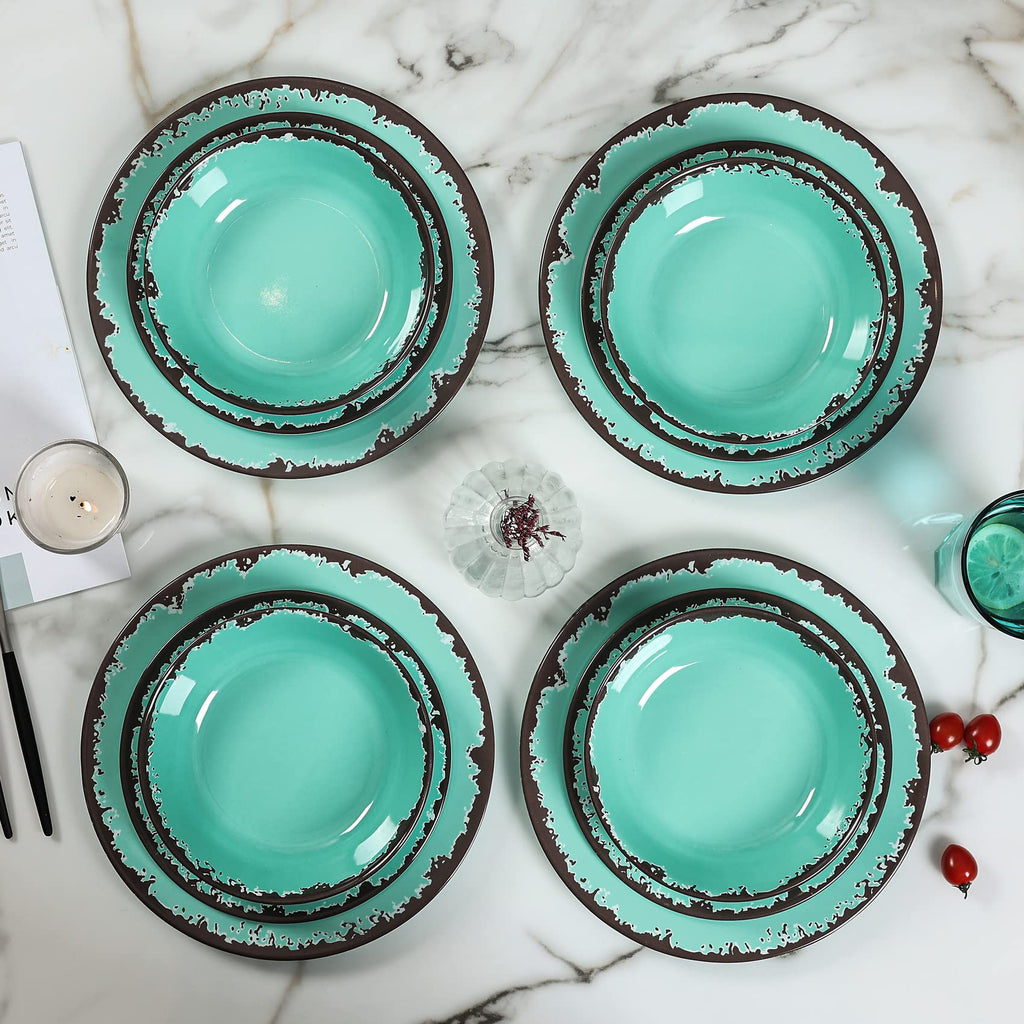 Rustic Melamine Dinnerware Set,12pcs Plates and Bowls Sets-Green
