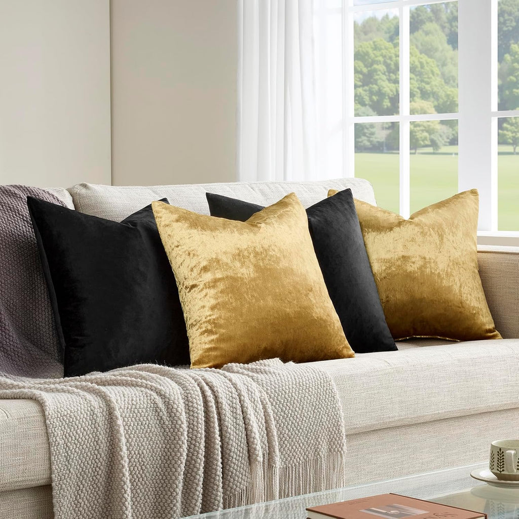 Decorative Throw Pillow Covers 18 x 18,Gold Black Soft, Set of 4 Square Velvet Cushion Covers