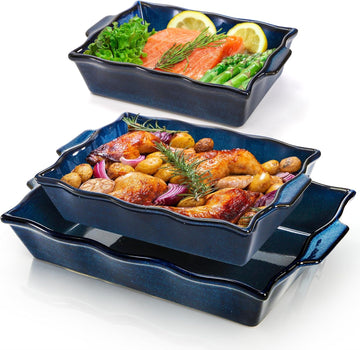 3 Pack Casserole Dishes for Oven, Ceramic Dishes with Handles, Heavy Duty Rectangular Lasagna Pan, Porcelain Bakeware
