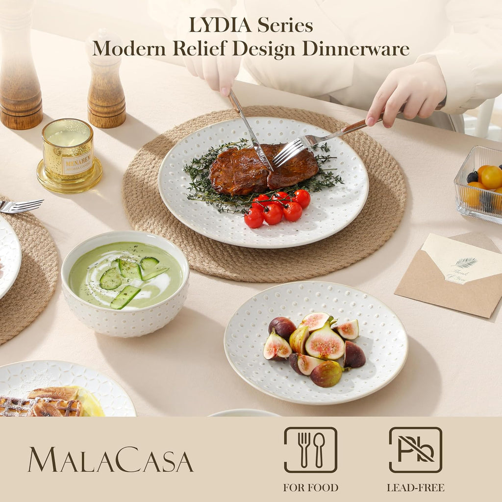 24 Piece Dinnerware Set, Embossed Ceramic Dish Sets Service for 8, Plates and Bowls Set