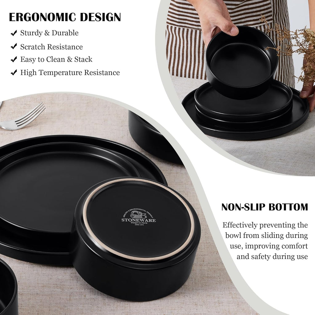 Stoneware Dinnerware Sets, 12-Piece Plates and Bowls Dish Set for 4, Kitchen Modern Dinning Ware