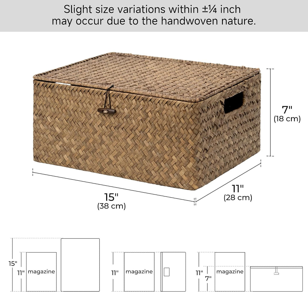 Wicker Baskets with Lid for Organizing, Seagrass Storage Baskets for Shelves, Decorative Box with Built-in Handles