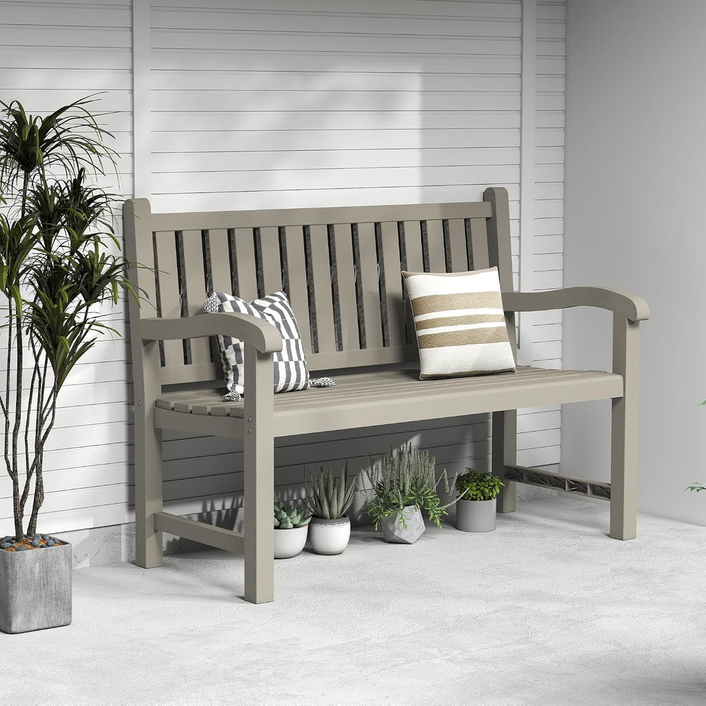 Outdoor Bench, 2-Person Resin Bench, Grey | Waterproof & Weatherproof, Ergonomic Design, For Porch, Deck, Patio