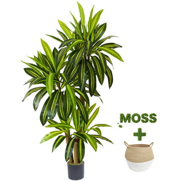 Artificial Dracaena Tree 6ft Tall Fake Plant with Woven Basket