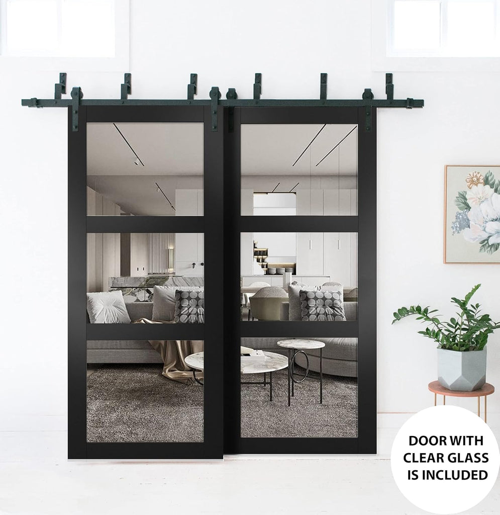 Lucia 2555 | Interior barn Bypass Sliding Doors with Clear Glass, Solid Wood, 72x80, Black, Modern S