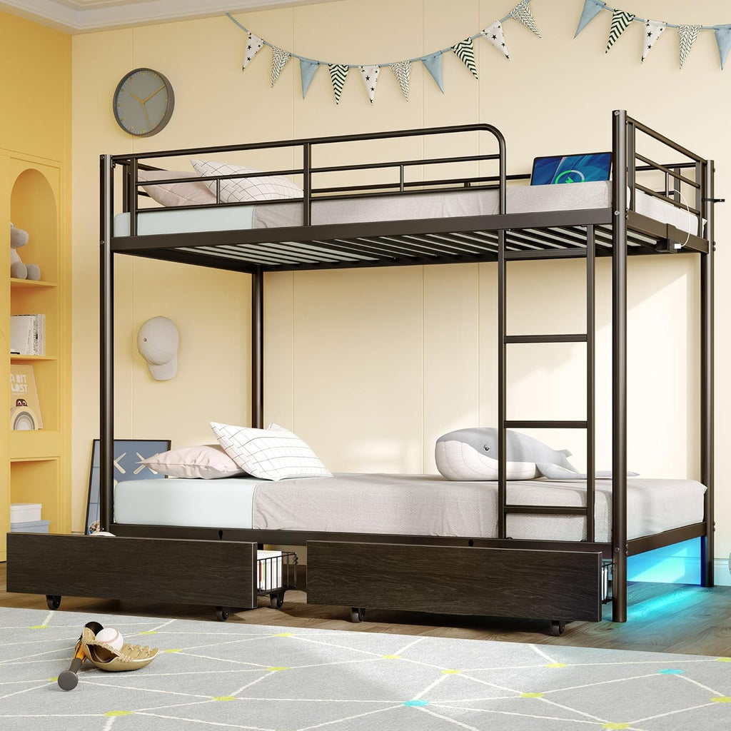 Metal Bunk Bed Twin Over Twin with USB Charging Station, LED Bunk Bed with 2 Storage Drawers