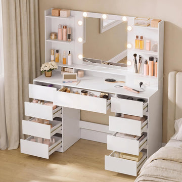 Collection - Vanity Desk with Mirror and 9 LED Bulbs, Modern Vanity Makeup Table with Power Outlets, Dressing Table