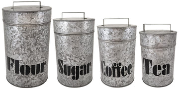 Set of 4 Galvanized Metal Kitchen Storage Canisters with Lids - Includes a Container for Flour, Sugar, Coffee, and