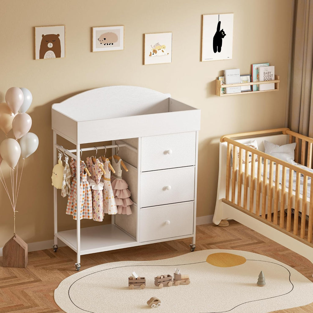 Changing Table Dresser with Clothing Rack and Storage Shelf,3-Drawer Baby Dresser with Changing Table Top,Diaper