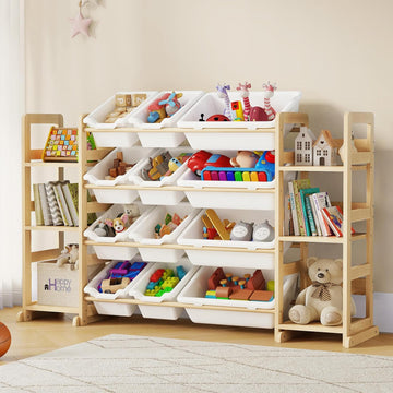 Extra Large Toy Storage - Toy Storage Organizer, Wooden Toy Organizer with 6 Side Shelves and 12 Bins, 3-in-1