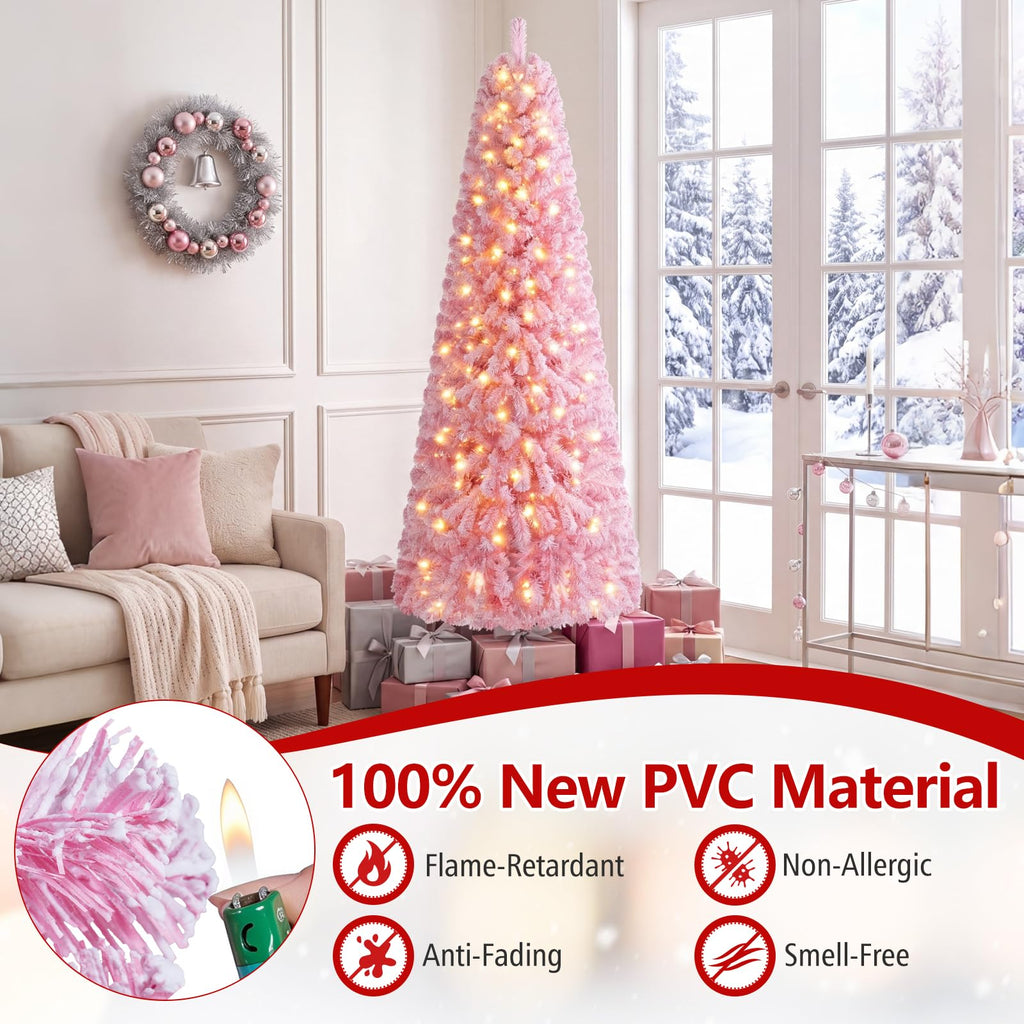 7ft Pink Pre-Lit Flocked Christmas Trees, Hinged