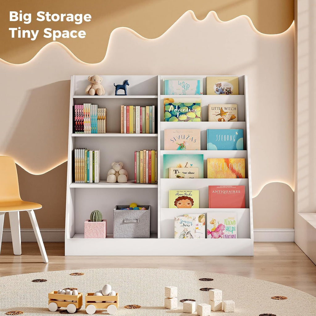 Upgraded 6 Tier Kids Wooden Bookshelf and Toy Storage, White | Children Toy Organizer with Upgraded Book Shelves