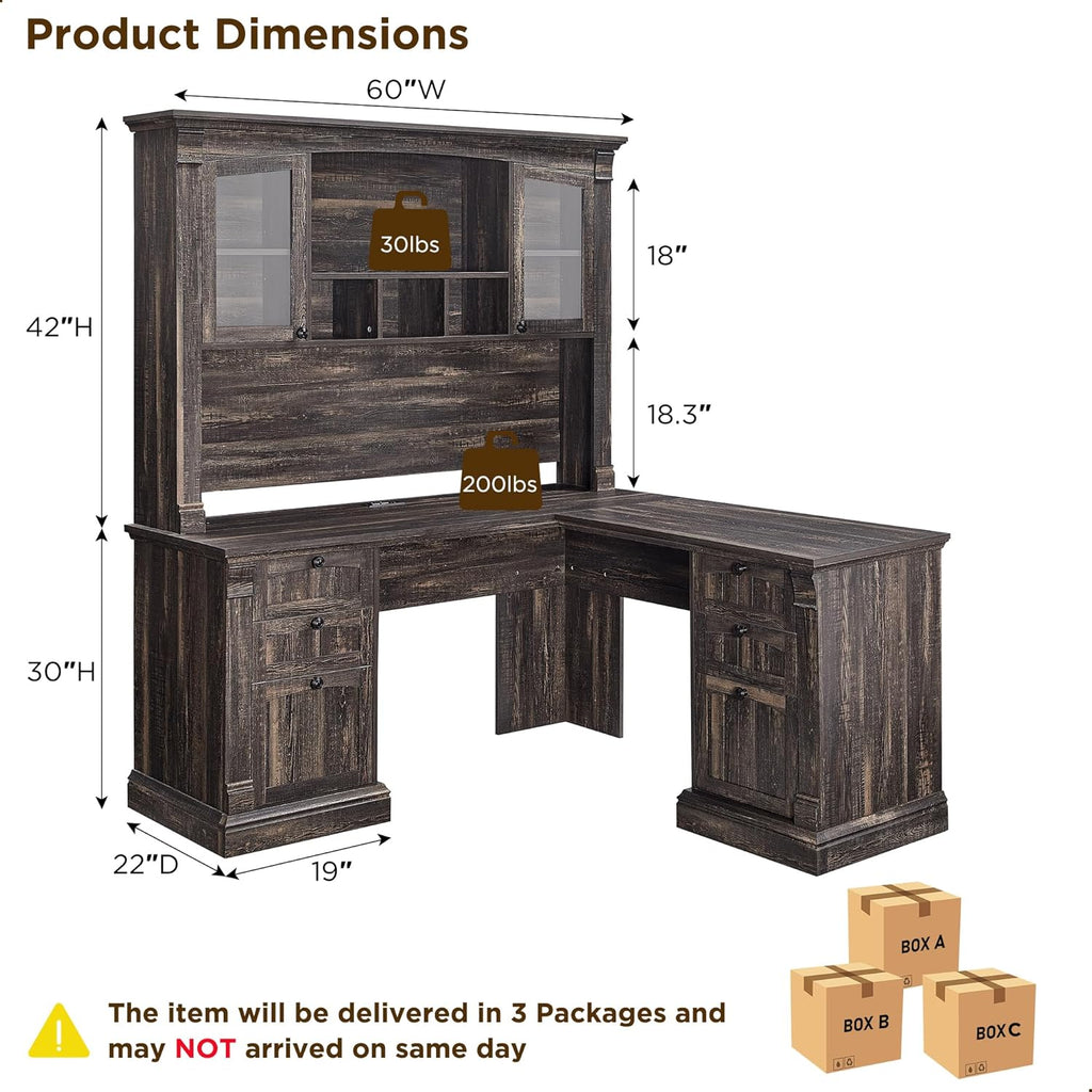60" L Shaped Executive Desk with Hutch and Drawers, Farmhouse Home Office Desk with Charging Station