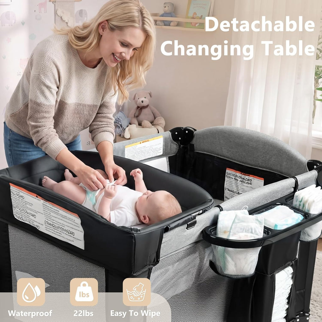 4 in 1 Portable Baby Playard, Baby Bedside Crib, Grey | Foldable Pack and Play w/Bassinet, Newborn Changing Table