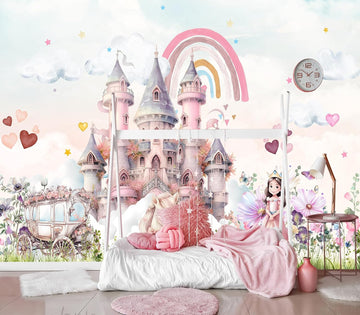 Pink Cartoon Citadel Nursery Room Fabric Wallpaper Girls Bedroom wall Mural-W 88" X H 59"(36 Square Foot)