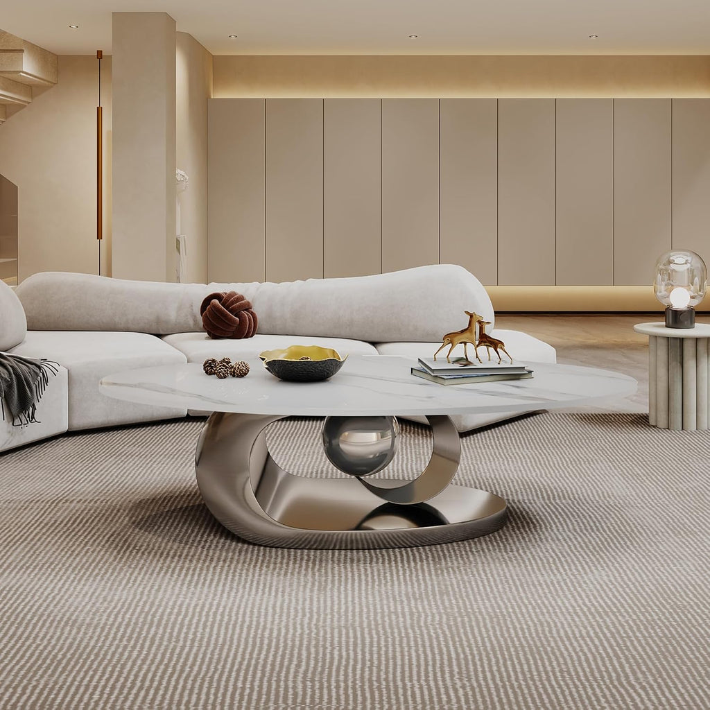 Modern Oval Coffee Table Luxury Sintered Stone Top Coffee Table with Sculptural Geometric Stainless Steel Base,Mid-Cen
