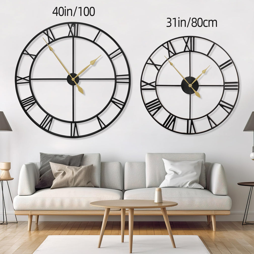 40 Inch Extra Large Modern Wall Clock, Oversize Rustic Round Nearly Silent Battery Operated, Black Metal Roman