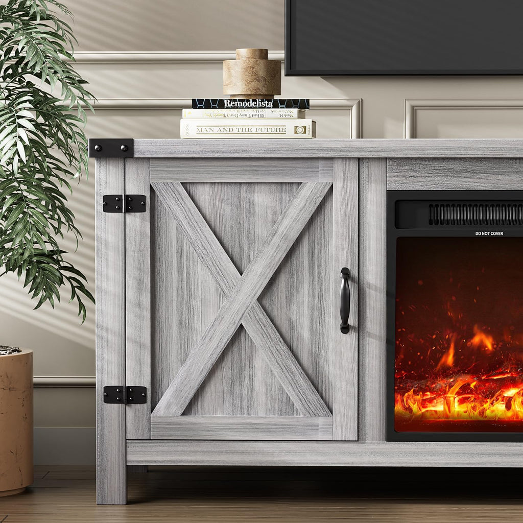 Fireplace TV Stand with Two Barn Doors and Storage Cabinets for Televisions up to 65+ Inch, Entertainment Center