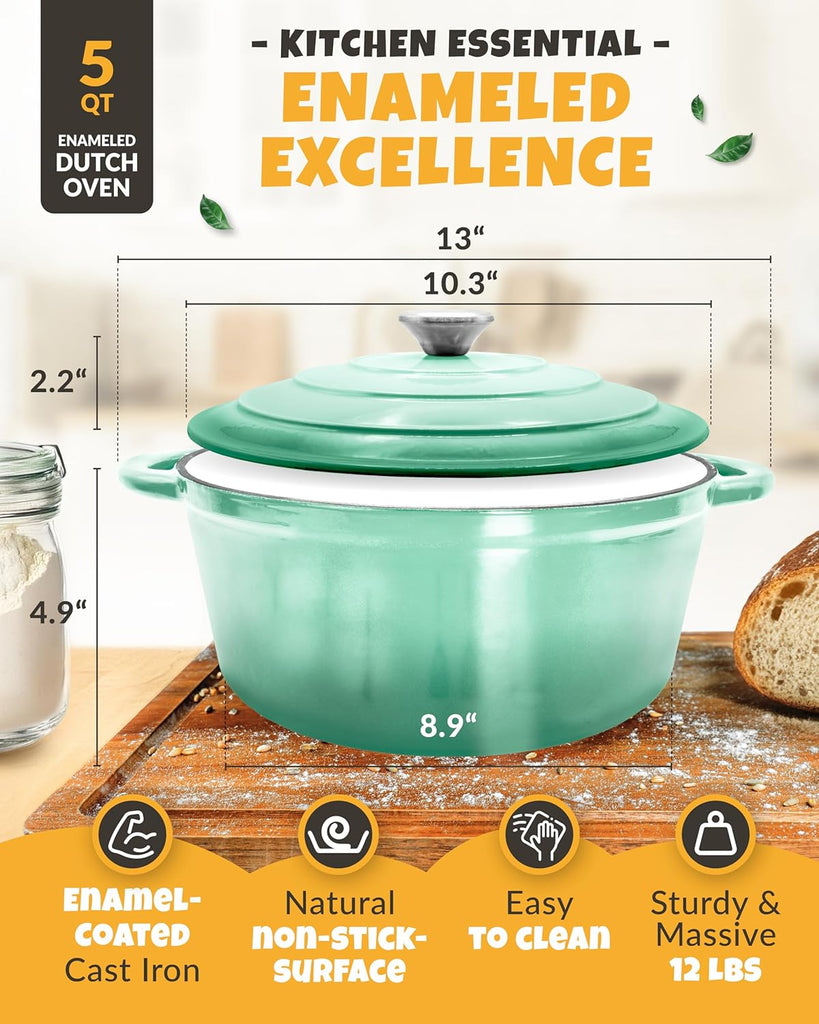 5 QT Cast Iron Bread Oven with Lid for Sourdough Bread Baking Set | Dutch Oven for Sourdough Bread Baking, Enameled
