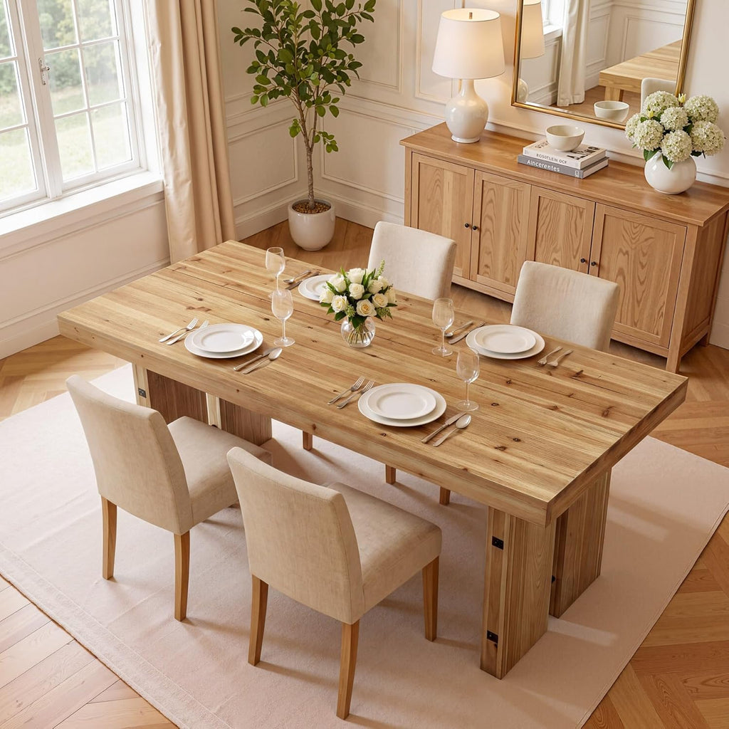 63-Inch Dining Table, Farmhouse Solid Wood Kitchen Table for 6 People, Rectangle Dinner Desks with Pedestal Base for