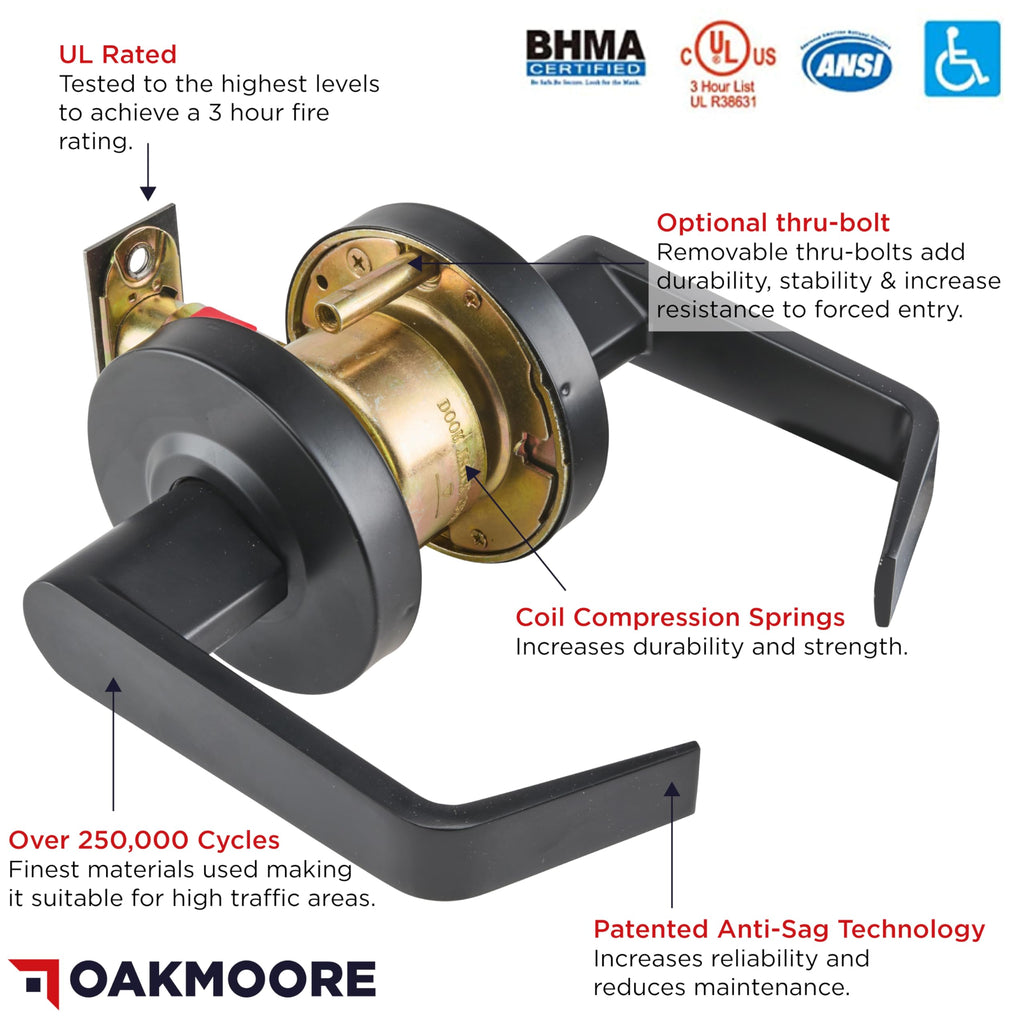 Commercial Door Handle Black - Grade 2 Lockset - Door Lever Schools Offices Industrial UL CUL & ADA - ANSI A156.2