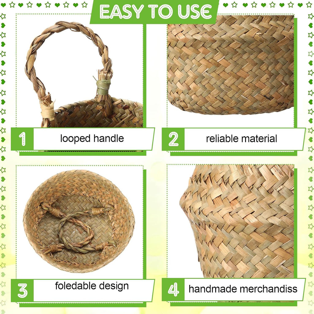 4 Pcs Woven Seagrass Baskets Belly Basket Folding Boho Natural Plant Pot with Handles Round Decorative Wicker Large