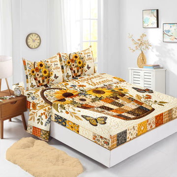 Harvest Floral Sheet Set 4 Piece, 1 Flat Sheet + 1 Fitted Sheet + 2 Pillowcases, Woven Basket Amber Petals