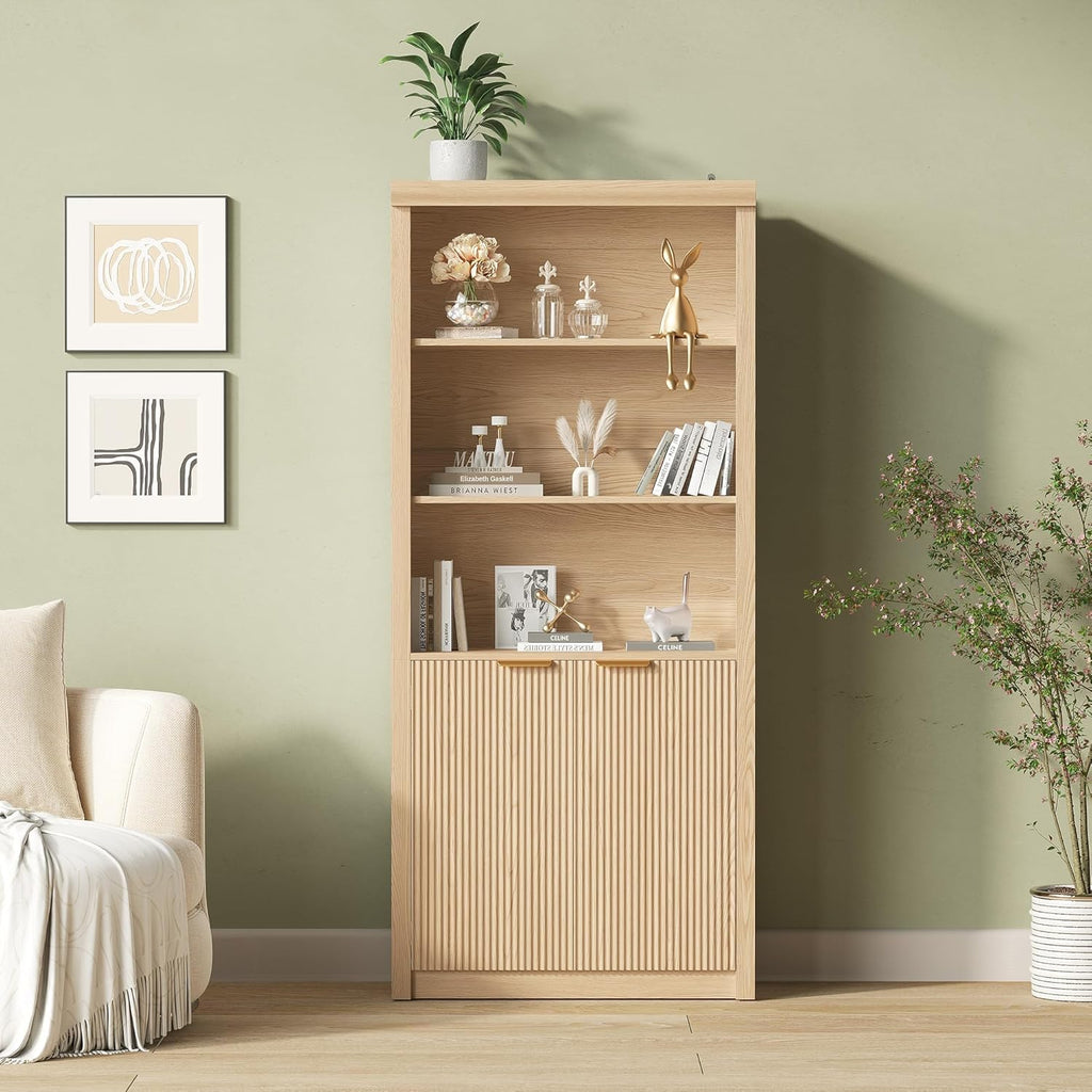 Modern Tall Book Shelf and Bookcase, 31.5"Wide Bookshelf with Doors, Farmhouse Book Case with Adjustable Top Shelf