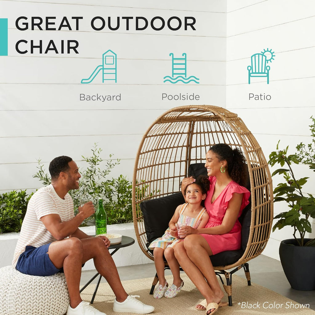 Wicker Egg Chair, Oversized Indoor Outdoor Lounger , Backyard, Living Room w/ 4 Cushions, Steel Frame, 440lb Capacity