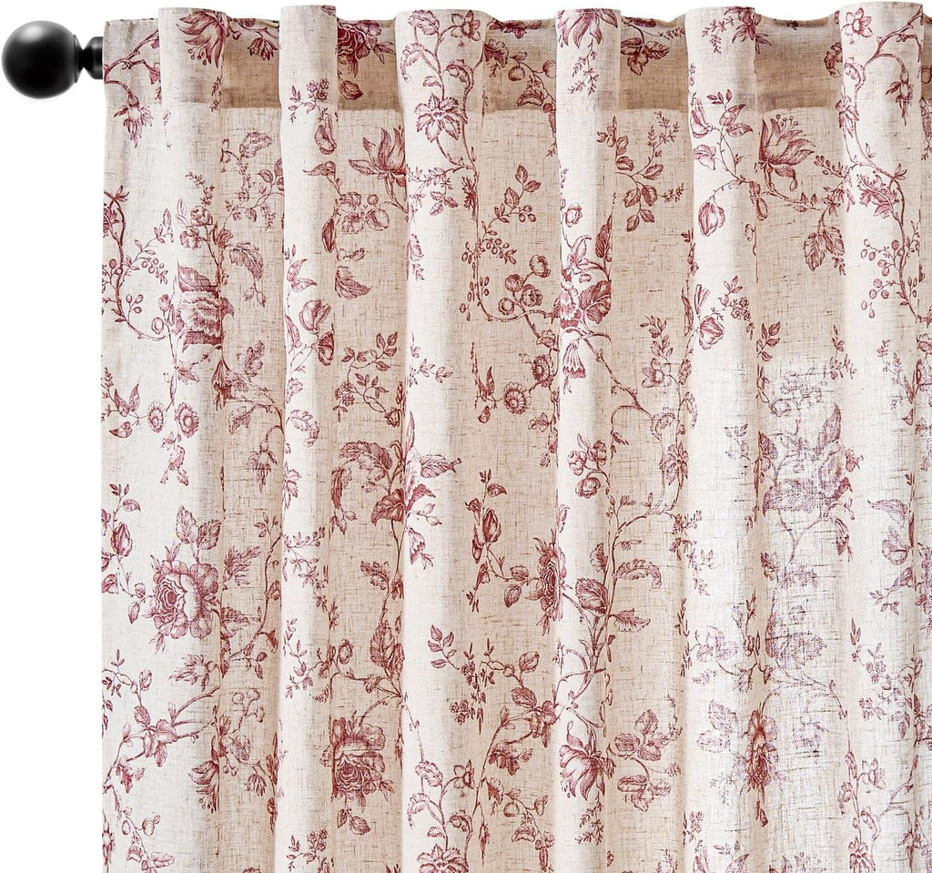 Linen Curtains 63 inch Maroon Floral Farmhouse Rod Pocket 2 Panels