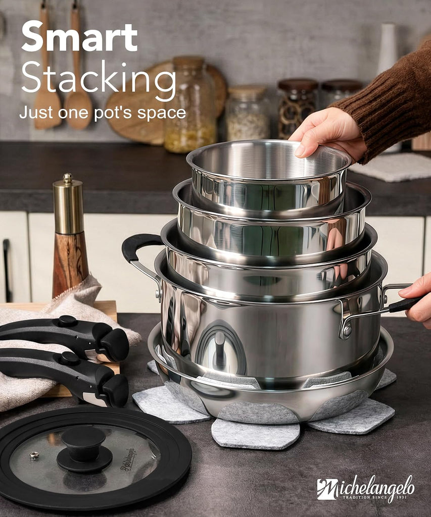 14pcs Tri-Ply Stainless Steel Cookware Set with Detachable Handles, Stackable Pots and Pans Set for RVs, Small