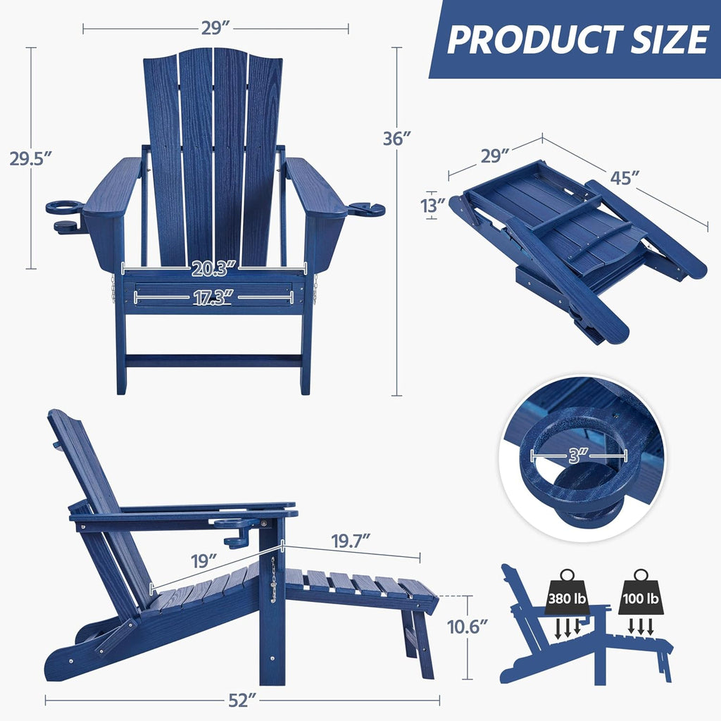 Adirondack Chairs 1pcs Outdoor Folding Set with Ottoman,Navy Blue | All-weather patio fire pit seating with