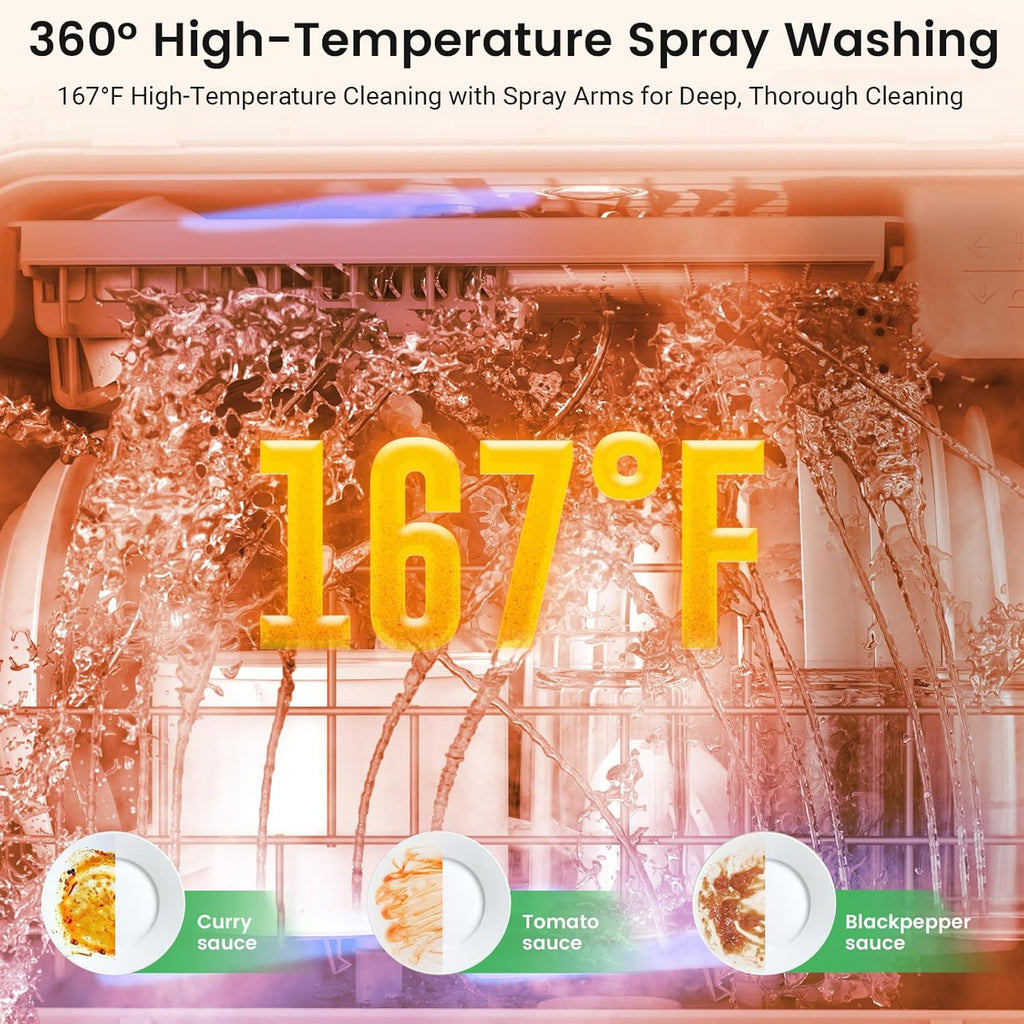 Countertop Portable Dishwasher, 9 Programs, 167℉ High-Temp, 360° 3 Spray, 24H Timing, Hot Air Drying, Air Refresh