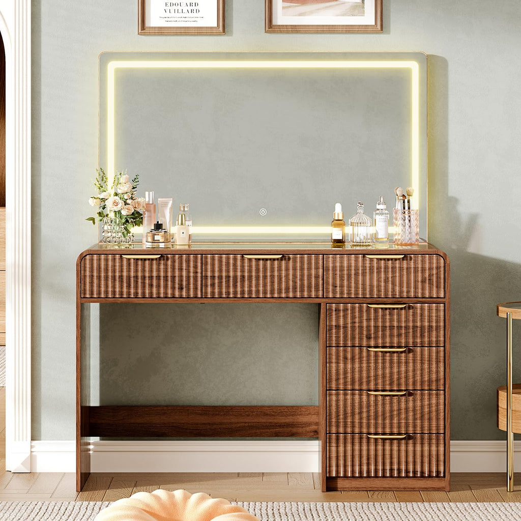47"Makeup Vanity Desk with 44.8" Mirror and Lights, Vanity Desk with 7 Drawers, Makeup vanity table with a glass