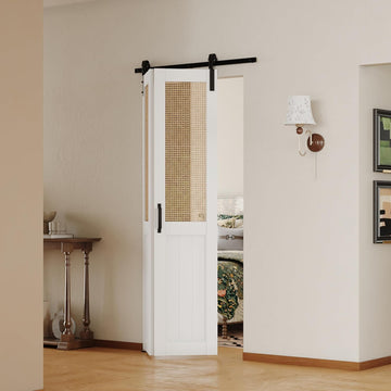 Bifold Barn Door, Cane Webbing Panel with Sliding Folding Closet Door Hardware Kit Set, 36"x 84" Finished Rattan
