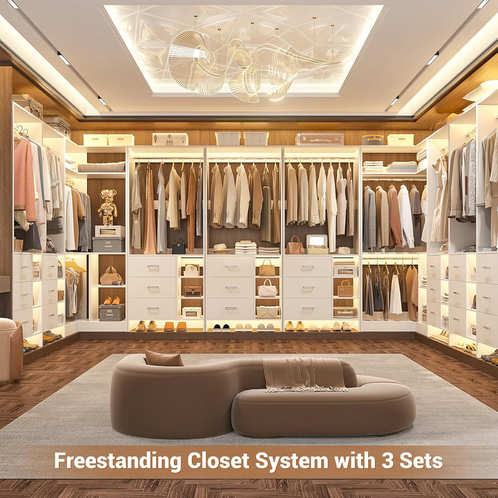 Closet System with 6 Drawers, 4 Hanging Rods & Corner Tower, Corner Closet System with Hanging, 92.6" L-Shaped