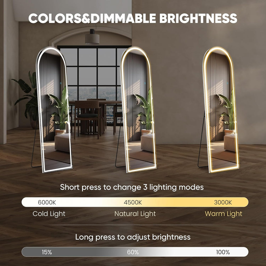 Arched LED Mirror Full Length with Stand, 16"×60" Full Body Wall Mirror with LED Lights 3 Color Lighting, Hanging or